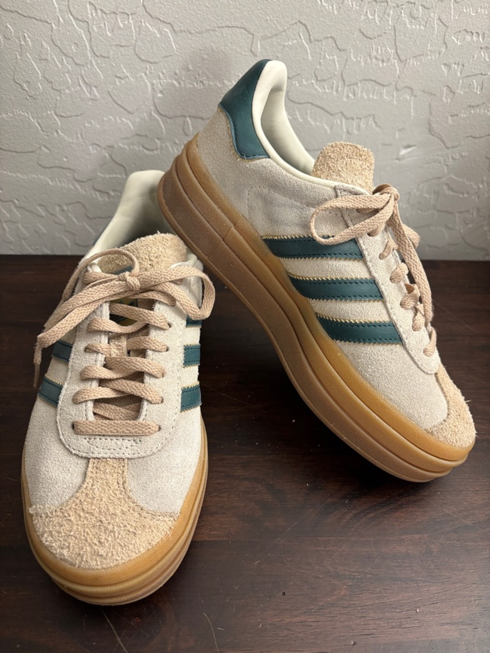 Adidas Gazelle Beige Suede Casual Sneakers with Teal Stripes